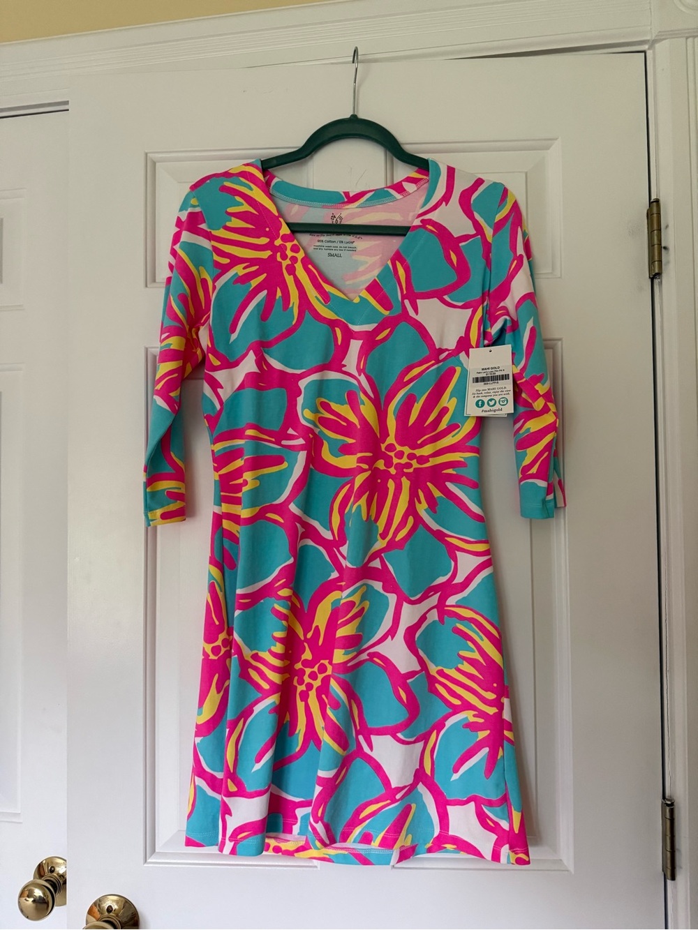 MAHI GOLD Turquoise, Pink & Yellow Floral V‑Neck Dress